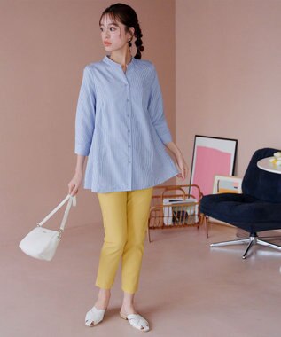 Tiaclasse バックタックフレアチュニック サックスストライプ