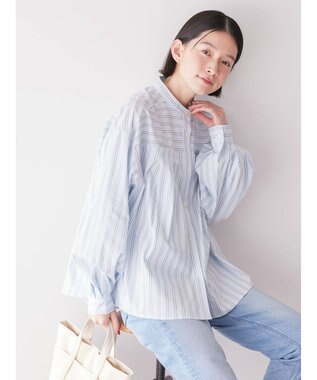 AMERICAN HOLIC イージーケア切替タックワイドシャツ Stripe Sax