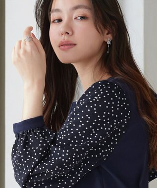 Tiaclasse L ドット柄コンビバックリボンタックワンピース ネイビー