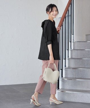 Tiaclasse L 【洗える】フラワーJQ袖シフォンチュニック ブラック