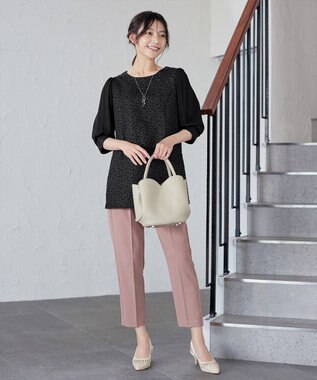 Tiaclasse L 【洗える】フラワーJQ袖シフォンチュニック ブラック