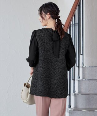 Tiaclasse L 【洗える】フラワーJQ袖シフォンチュニック ブラック