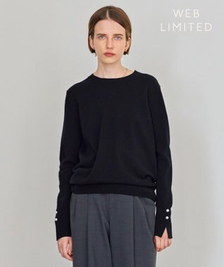 BEIGE， 【WEB限定・洗える】ALSACE / パール釦クルーネックウールニット Black