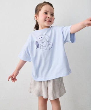 ANY KIDS 【綿100%/接触冷感】ひんやり オーバーサイズ アニマルTシャツ サックスブルー×ネコ