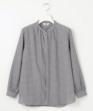 J.PRESS LADIES L 【洗える】ポリエステルヴィスコースブロックチェック バンドカラー ブラウス チャコール×ピンク系