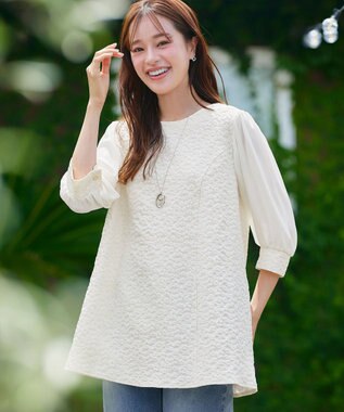 Tiaclasse L 【洗える】フラワーJQ袖シフォンチュニック アイボリー