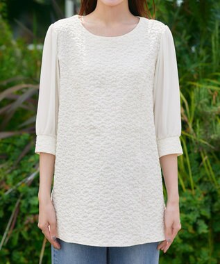 Tiaclasse L 【洗える】フラワーJQ袖シフォンチュニック アイボリー