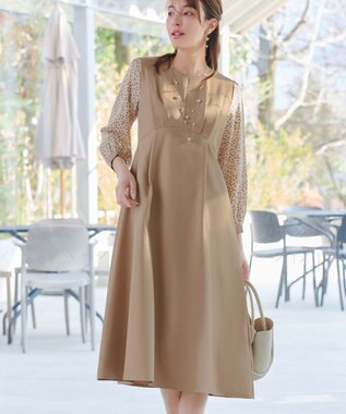 Tiaclasse L ドット柄コンビバックリボンタックワンピース ベージュ