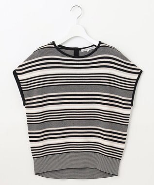 23区 S 【洗える】コットンアセテート バックボタン ニット ブラックボーダー