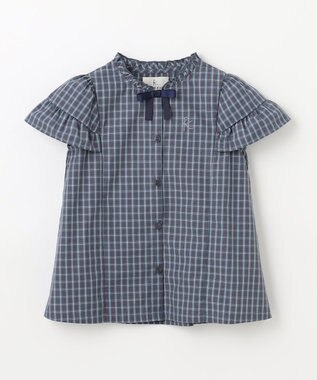 組曲 KIDS 【110-140㎝】チェックラッフル ブラウス ブルーグレー系3