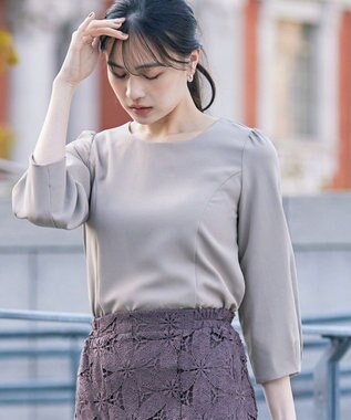 Tiaclasse L 【ダブルストレッチ】【洗える】タックパフ袖ブラウス グレー