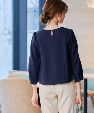 Tiaclasse L 【ダブルストレッチ】【洗える】タックパフ袖ブラウス ネイビー