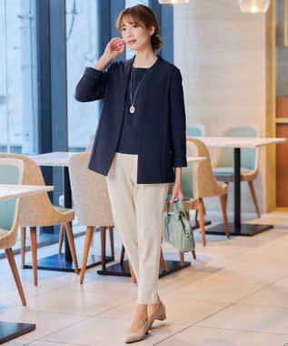 Tiaclasse L 【ダブルストレッチ】【洗える】タックパフ袖ブラウス ネイビー