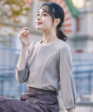 Tiaclasse L 【ダブルストレッチ】【洗える】タックパフ袖ブラウス グレー