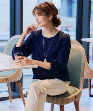 Tiaclasse L 【ダブルストレッチ】【洗える】タックパフ袖ブラウス ネイビー