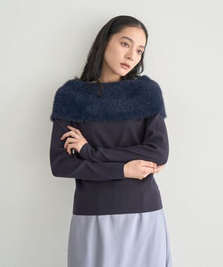 YECCA VECCA ファーMIXオフショルニット Navy