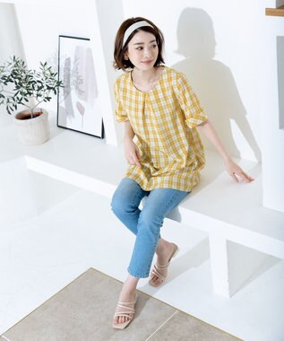 Tiaclasse L 【洗える】体型カバーも叶う幅広カフスチュニックブラウス イエローチェック