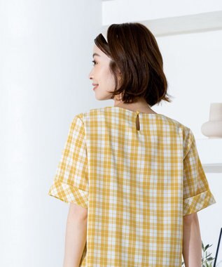 Tiaclasse L 【洗える】体型カバーも叶う幅広カフスチュニックブラウス イエローチェック