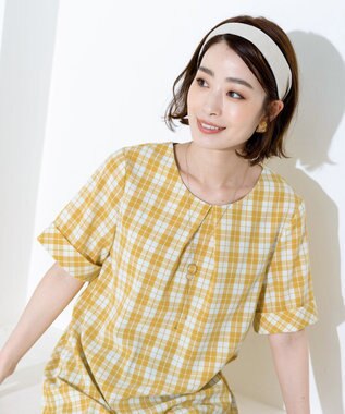 Tiaclasse L 【洗える】体型カバーも叶う幅広カフスチュニックブラウス イエローチェック