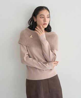 YECCA VECCA ファーMIXオフショルニット Beige