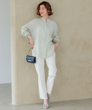 23区 【洗える】LIBECO バンドカラー シャツ メロンストライプ