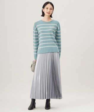 自由区 【洗える】コットンウールハイゲージボーダー ニット ブルーグレー×ベージュ