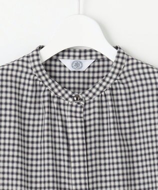 J.PRESS LADIES L 【洗える】ポリエステルヴィスコースブロックチェック バンドカラー ブラウス チャコール×ピンク系