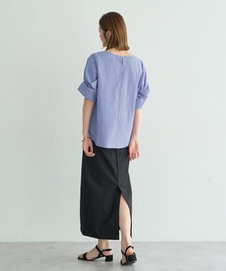 YECCA VECCA パールタックスリーブブラウス Stripe