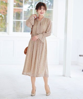 Tiaclasse L 【洗える】程良い透け感のプリントボウタイワンピース アイボリー