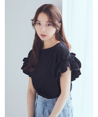 earth music&ecology フリルスリーブカットソー Black