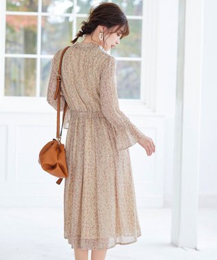 Tiaclasse L 【洗える】程良い透け感のプリントボウタイワンピース アイボリー