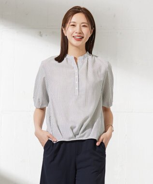 J.PRESS LADIES L 【洗える】ドビー強撚ストライプ コクーンシルエット ブラウス ネイビー系1