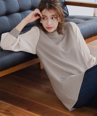 Tiaclasse L 【新色追加・洗える】シアーチェック柄ニットチュニック グレージュ