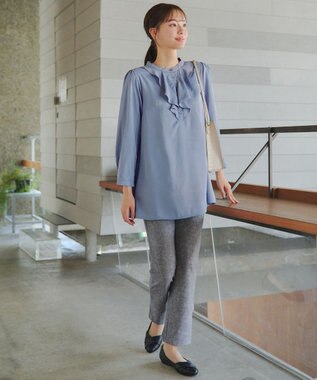 Tiaclasse L 【スマート裏起毛・洗える】フリルチュニック ブルー