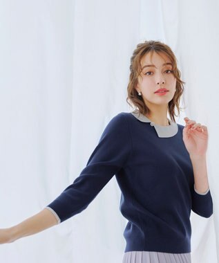 Tiaclasse 【洗える】配色衿ビジュー付きニットトップス ネイビー×グレー