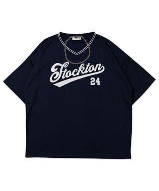 WEGO 【ユニセックス着用ITEM/2点セットネックレス付き/MLサイズ展開】アクセ付きラインリブメッシュプルオーバー ネイビー