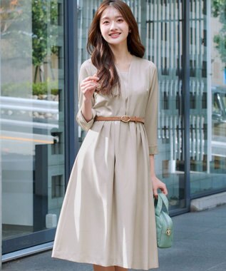 Tiaclasse L 【ダブルクロス・洗える】 ナローVネックワンピース グレージュ