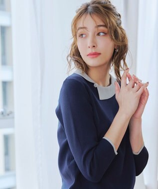Tiaclasse 【洗える】配色衿ビジュー付きニットトップス ネイビー×グレー