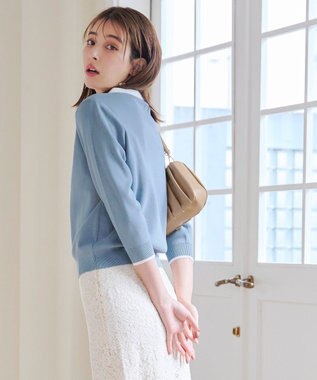 Tiaclasse 【洗える】配色衿ビジュー付きニットトップス ブルー×オフホワイト