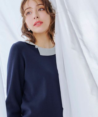 Tiaclasse 【洗える】配色衿ビジュー付きニットトップス ネイビー×グレー