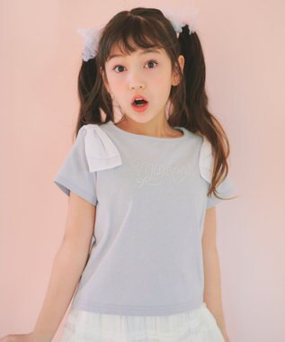 ANY KIDS 【綿100%】肩リボン×ラインストーンロゴ 半袖Tシャツ サックスブルー