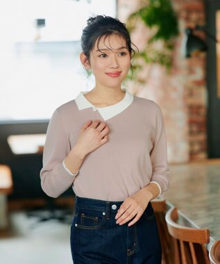 Tiaclasse 【洗える】配色衿ビジュー付きニットトップス ピンク×オフホワイト