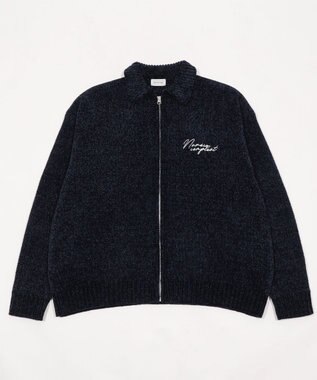 WEGO 【ユニセックス着用ITEM】ベロアモールワンポイントZIPカーディガン ネイビー