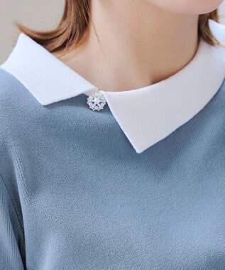 Tiaclasse 【洗える】配色衿ビジュー付きニットトップス ブルー×オフホワイト