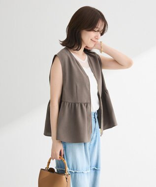 Green Parks 麻調ペプラムｚｉｐベスト Brown