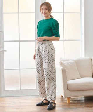 ANY 【洗濯機可能/ウエストゴム/ポケット付】リネンライク ドット柄パンツ ベージュベース