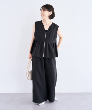 Green Parks 麻調ペプラムｚｉｐベスト Black