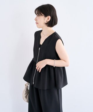 Green Parks 麻調ペプラムｚｉｐベスト Black