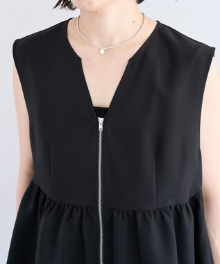 Green Parks 麻調ペプラムｚｉｐベスト Black