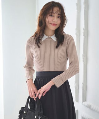 Feroux 【洗える】バイカラー襟ニットドッキング ワンピース ベージュ系